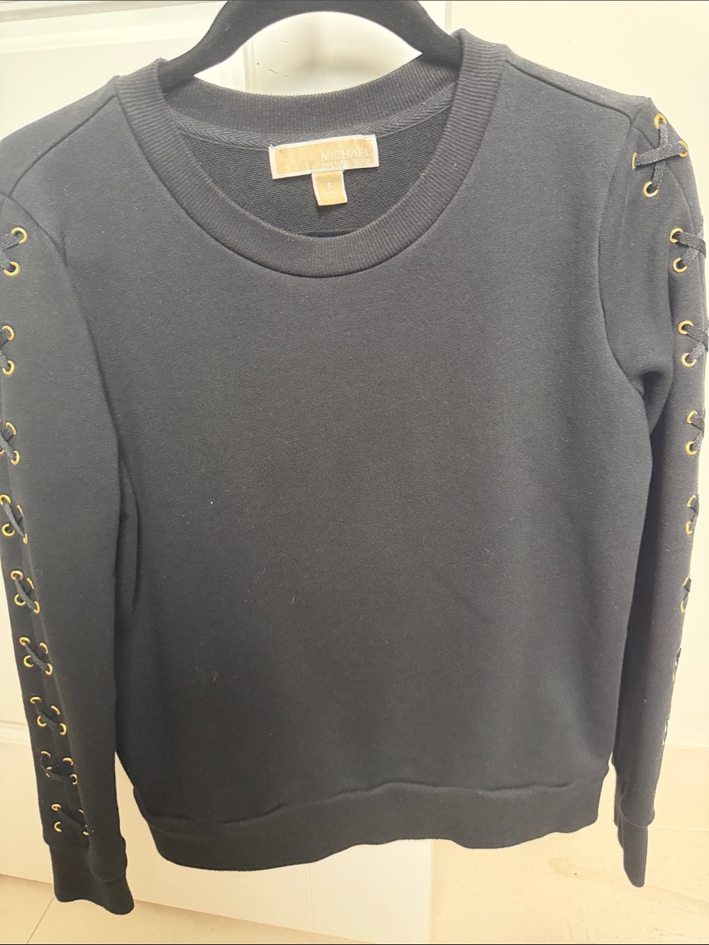 Michael Kors Black Sweatshirt with Gold Eyelet Lace-Up Sleeves